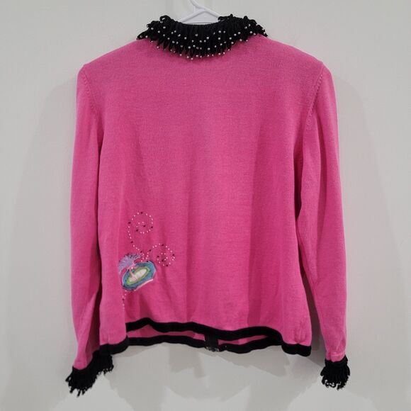 Jack B Quick Womens Full Zip Sweater Size Medium Pink Embroidered Perfume Bottle - Picture 2 of 9